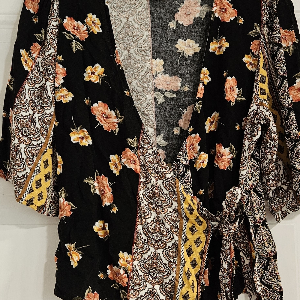 Blue Rain Floral Wrap Blouse - Black, Yellow, and Orange - Picture 2 of 6